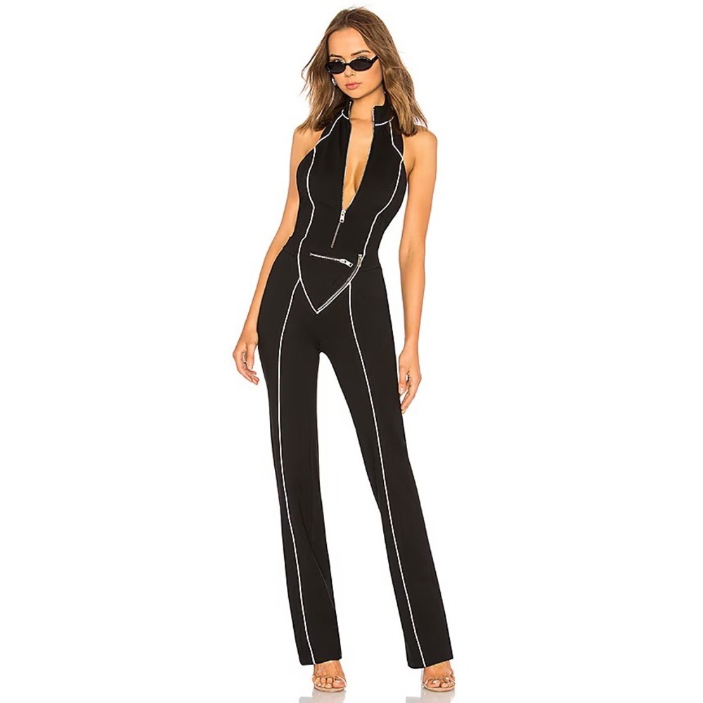 I.AM.GIA Jumpsuit Halter Zip Front Piping XS Black Festival Rave Edgy Cyber Y2K